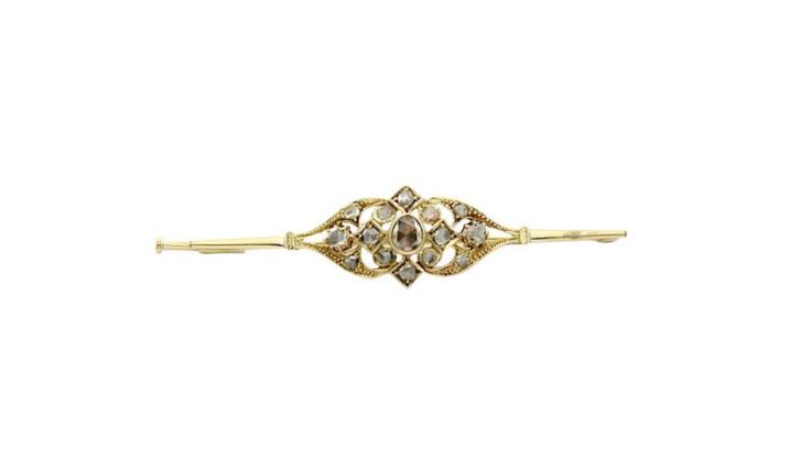 Gouden antieke broche met roosgeslepen diamant 14 krt