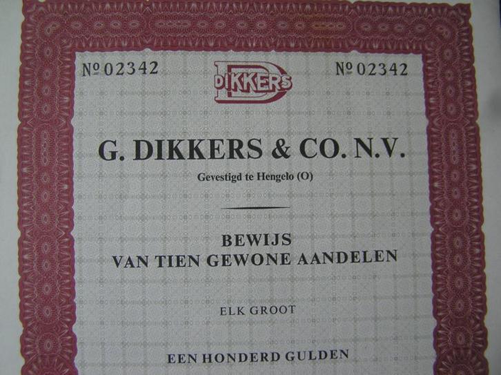Bewijs van tien gewone aandelen. Dikkers & Co Hengelo (Ov)