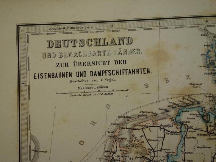 1871 antieke kaart van spoorwegen in Nederland en Duitsland