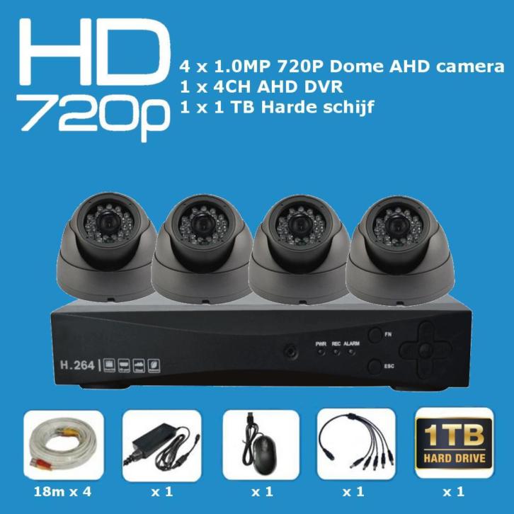 Compleet Pakket: 4 x 1.0MP Camera's 4 kan. DVR incl. 1TB HDD