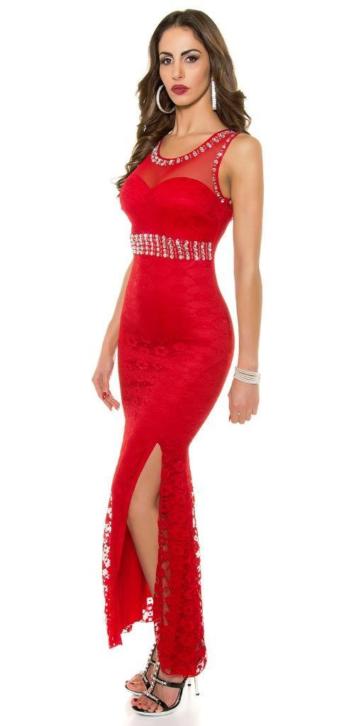 NIEUW - Kanten rode jurk met split