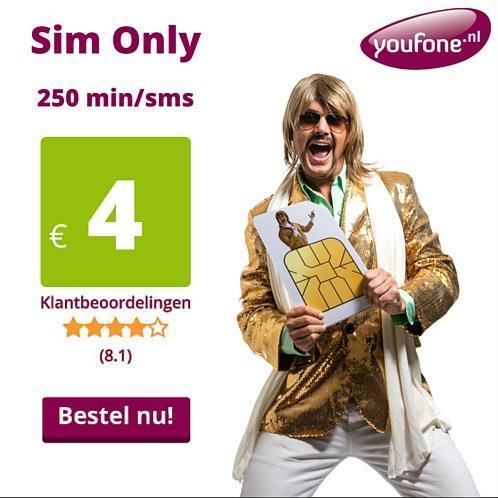 TOPDEAL Youfone Sim Only 250 min/sms nu € 4,- (OP=OP)