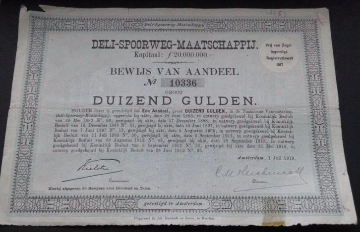 Deli-Spoorweg-Maatschappij, 1 juli 1919, aandeel, f 1000,00