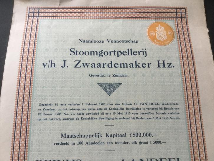 Stoomgortpellerij Zwaardemaker aandeel van f. 5000 uit 1916