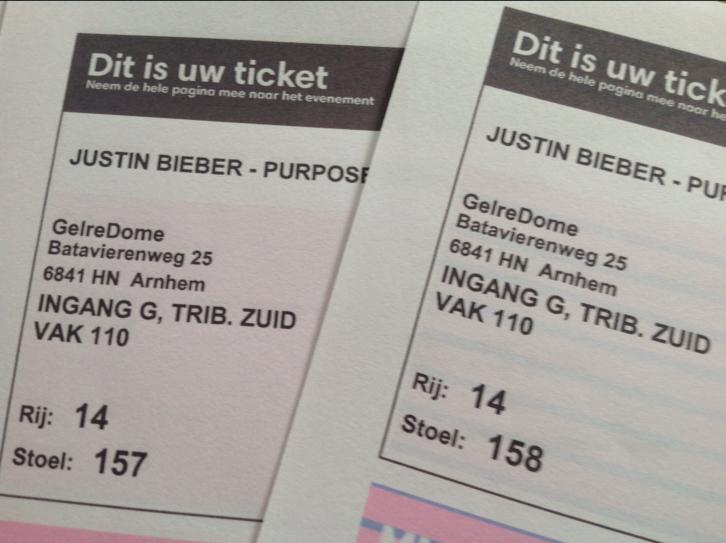 Justin Bieber Purpose world tour kaarten 2 x