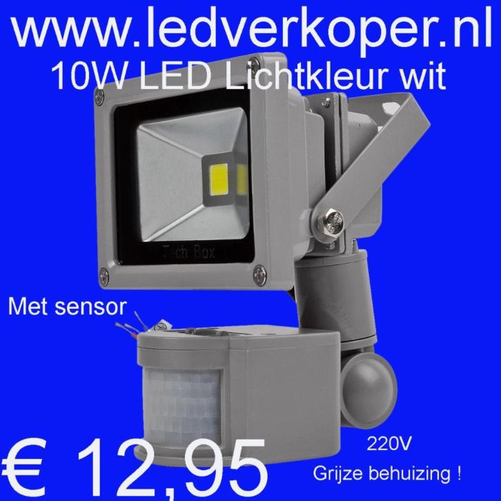 LED 10W met sensor, grijze behuizing, lichtkleur WIT € 12,95