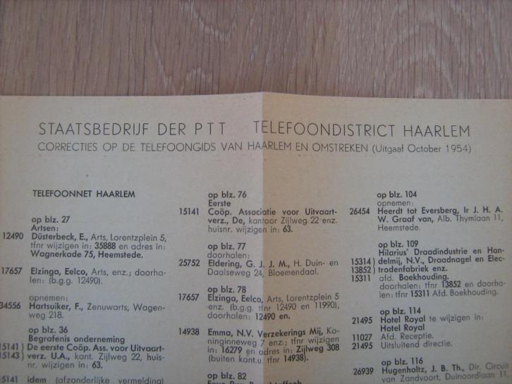 Correctie Telefoongids uit 1954 Haarlem e.o.