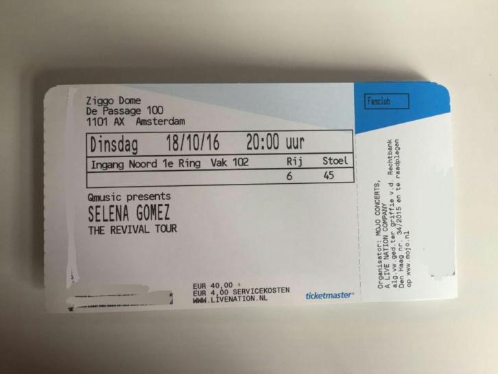 Selena Gomez hardcopy ticket, eerste ring 18 oktober