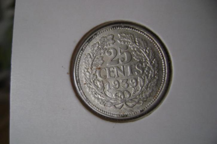 Nederland: een zilveren 25 cent 1939 in zeerfraai/prachtig