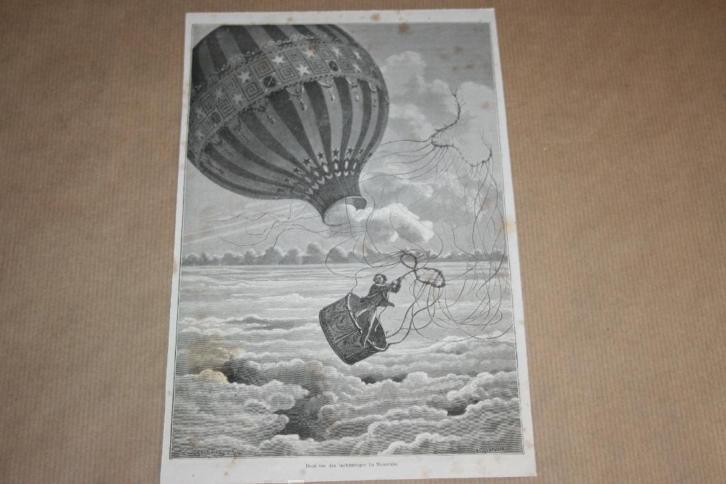 Antieke gravure - Luchtballon ongeluk La Mountain - 1875 !!