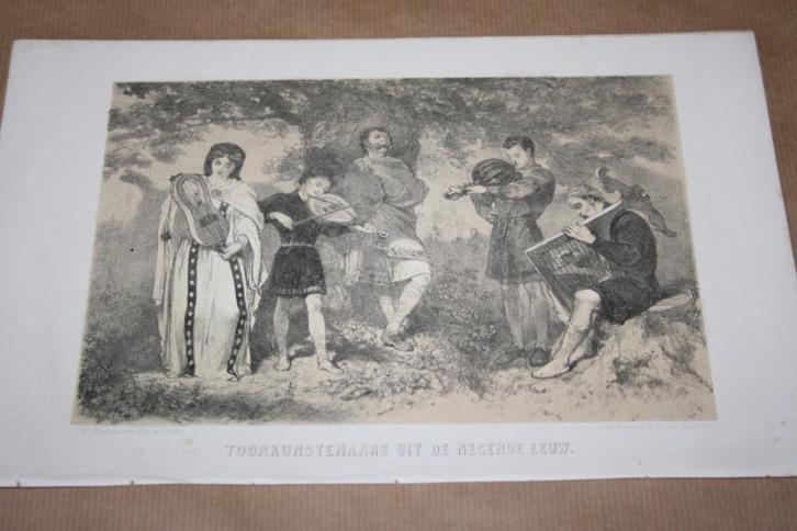 Antieke lithografie uit 1860 - Muzikanten u/d 9e eeuw !!